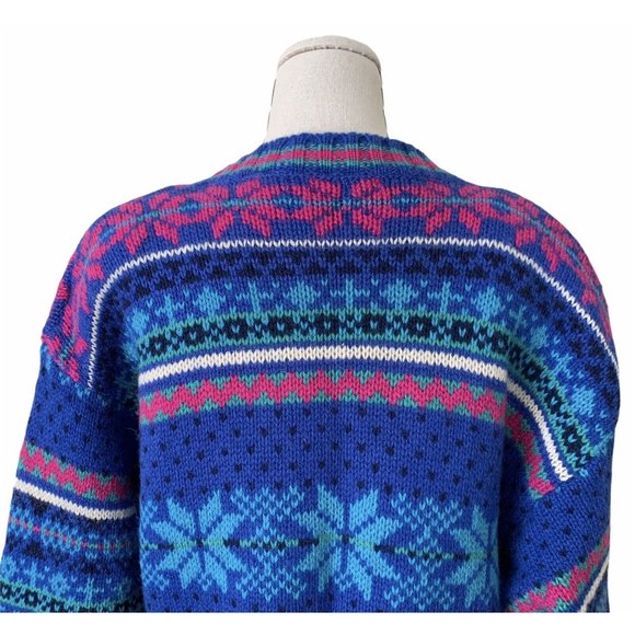 Vintage 80s Brass Plum Fair Isle Geometric New Wave Wool Sweater Cardigan - Picture 5 of 11